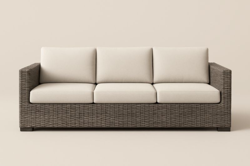 Divano a Tre Posti in Rattan Sintetico Grigio con Cuscini in Poliestere Crema