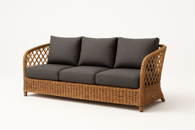 Divano tre posti in rattan marrone con cuscini in poliestere grigio