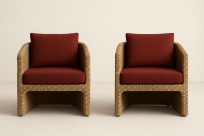 Set di 2 Poltrone in Rattan con Cuscini Rossi
