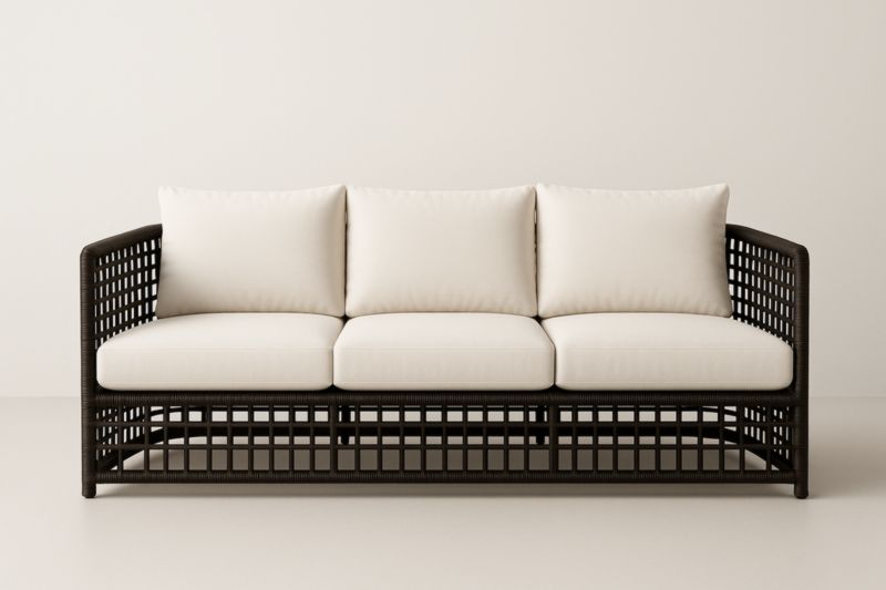 Divano a Tre Posti in Rattan Sintetico con Cuscini Beige