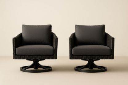 Set di 2 Poltrone Girevoli in Polyrattan Nero con Cuscini in Tessuto Grigio Scuro