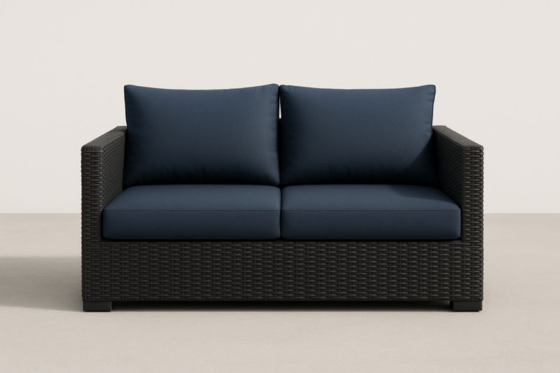 Divano due posti in rattan sintetico con cuscini blu