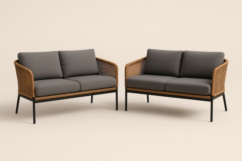 Set di divani in metallo e rattan con cuscini grigi