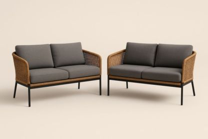 Set di divani in metallo e rattan con cuscini grigi