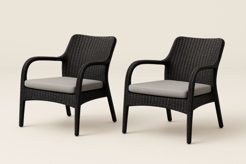 Set di Sedie da Giardino in Resina Intrecciata Nera con Cuscini Grigi