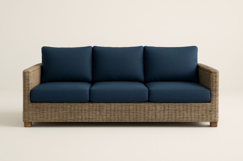 Divano tre posti in rattan con cuscini in poliestere Blu