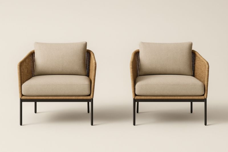 Set di 2 Poltrone in Metallo e Rattan con Cuscini Beige