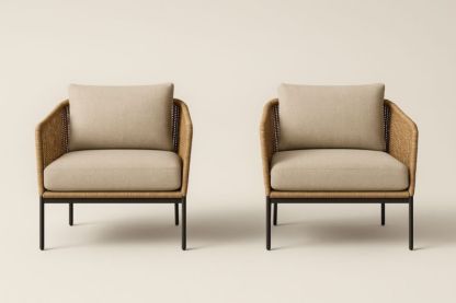 Set di 2 Poltrone in Metallo e Rattan con Cuscini Beige