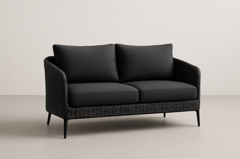 Divano a Due Posti Rattan Nero Cuscini Poliestere