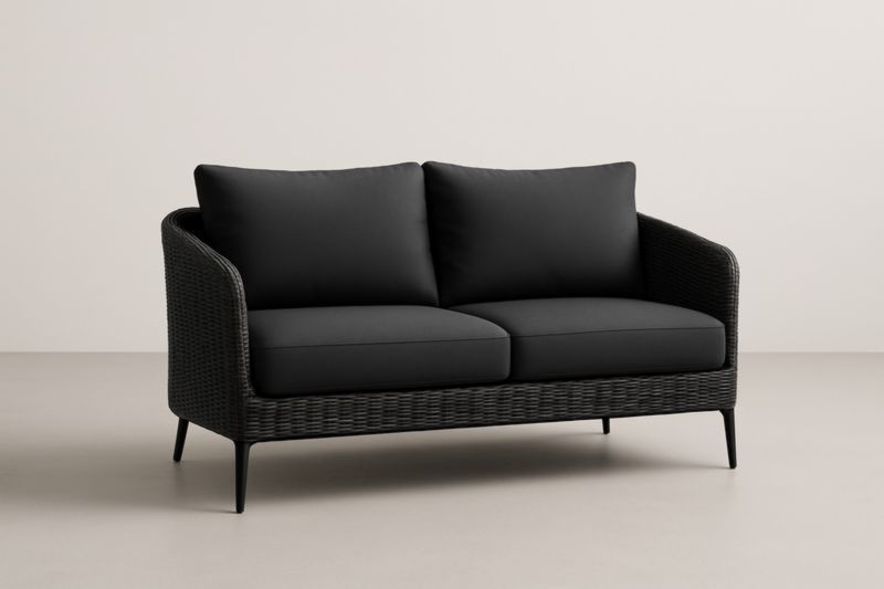 Divano a Due Posti Rattan Nero Cuscini Poliestere
