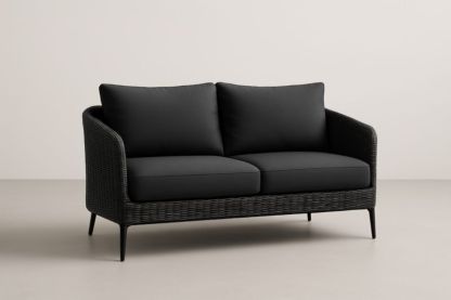 Divano a Due Posti Rattan Nero Cuscini Poliestere
