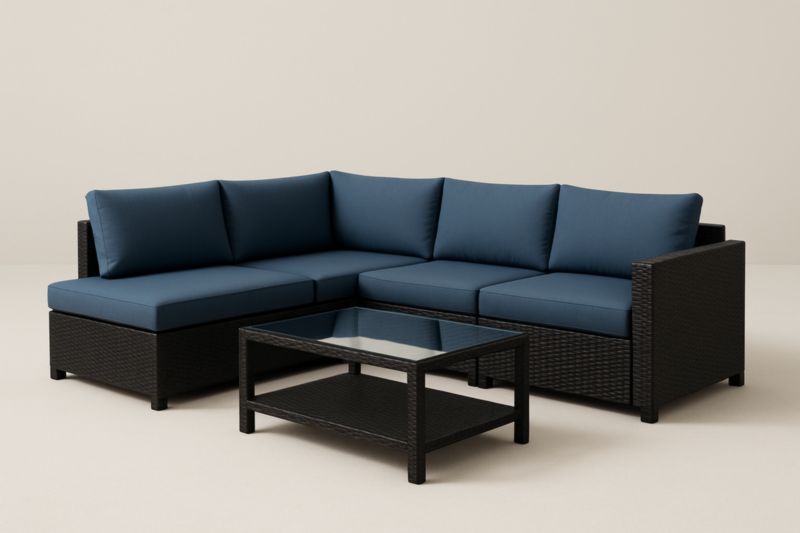 Set Divano Angolare da Giardino in Polyrattan Nero con Tavolino in Vetro Temperato Blu