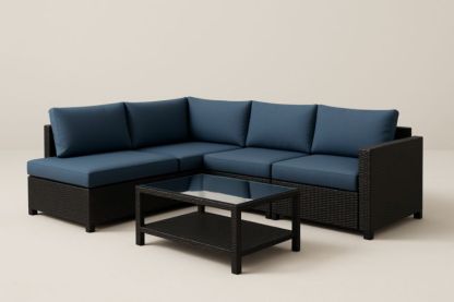 Set Divano Angolare da Giardino in Polyrattan Nero con Tavolino in Vetro Temperato Blu