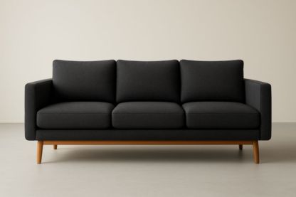 Divano a tre posti in tessuto nero con struttura in legno