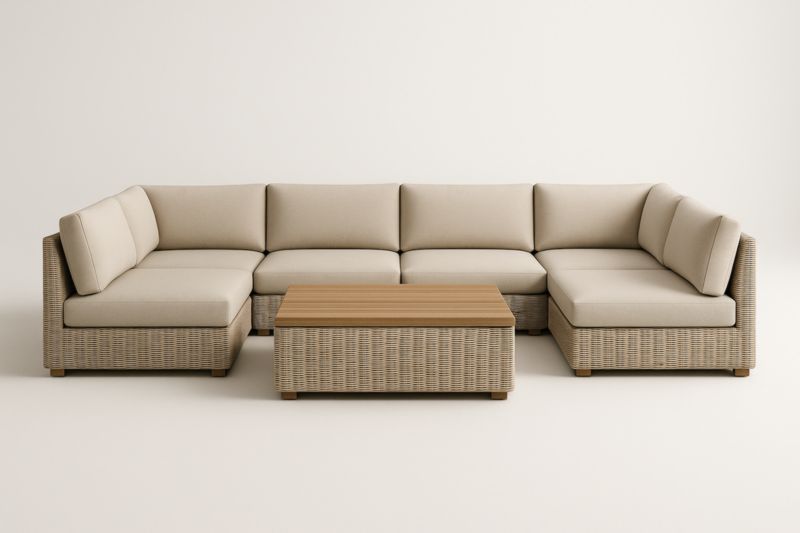 Set Divano Angolare in Polyrattan con Tavolo in Legno e Cuscini Beige
