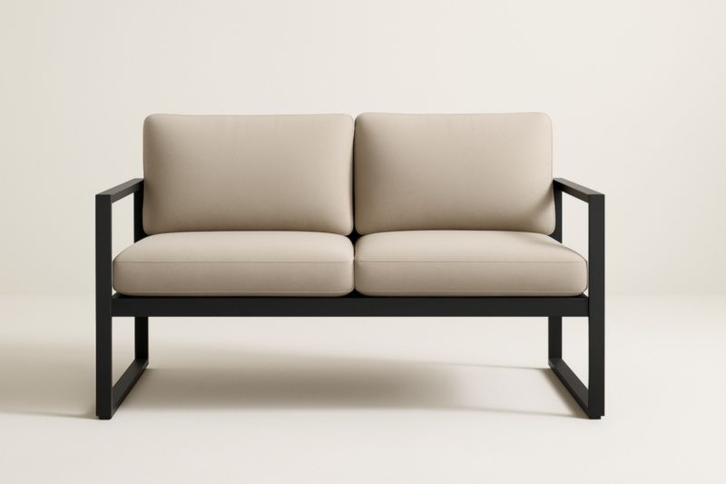 Divano a Due Posti Metallo Nero con Cuscini in Tessuto Beige