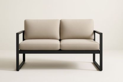 Divano a Due Posti Metallo Nero con Cuscini in Tessuto Beige