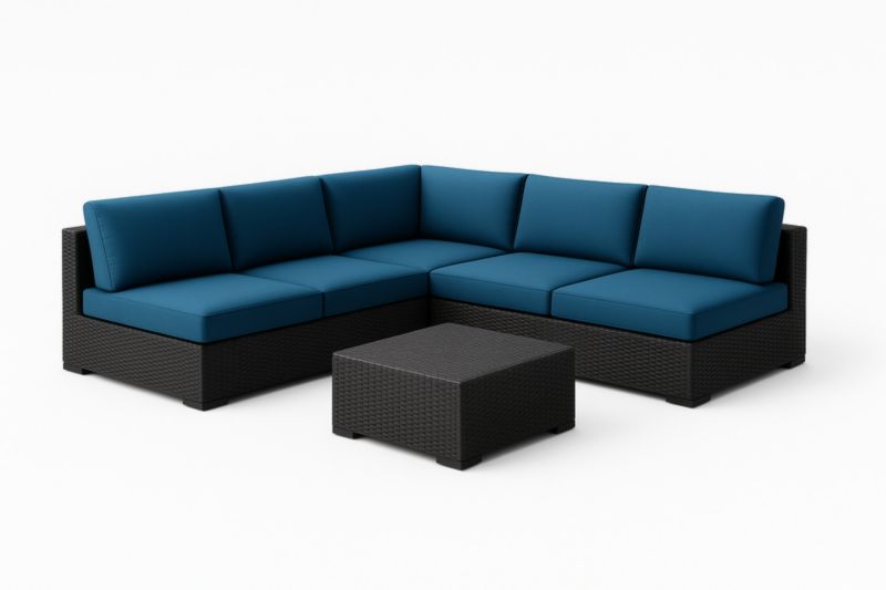 Set da salotto angolare in rattan PE nero con cuscini blu