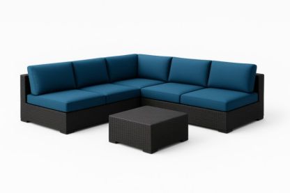 Set da salotto angolare in rattan PE nero con cuscini blu