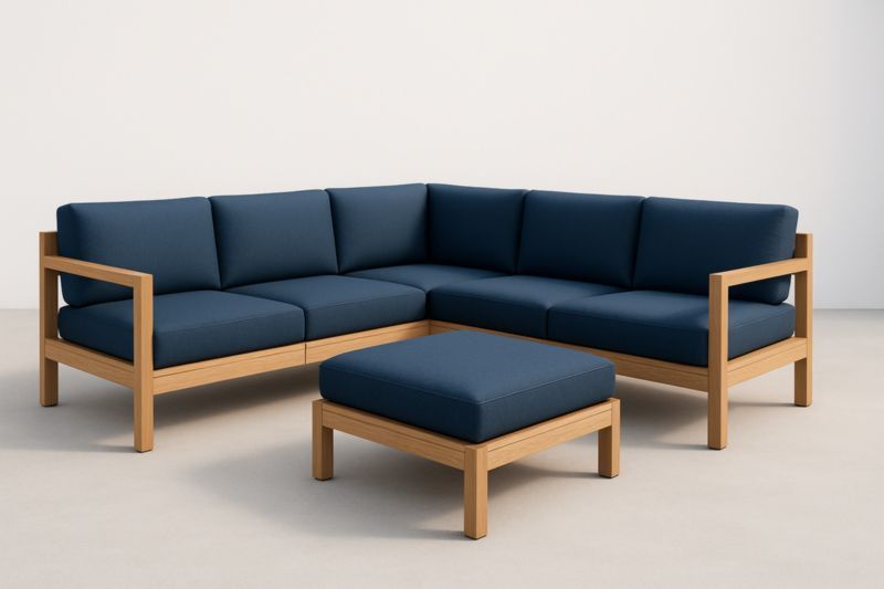 Divano angolare modulare in legno e tessuto blu con pouf