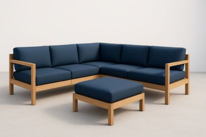 Divano angolare modulare in legno e tessuto blu con pouf