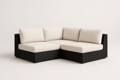 Divano Angolare da Esterno in Rattan Sintetico Nero con Cuscini Crema