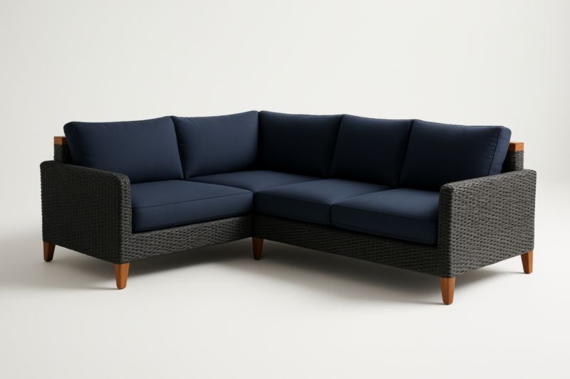 Divano angolare in rattan sintetico blu con struttura in legno