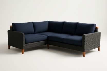 Divano angolare in rattan sintetico blu con struttura in legno