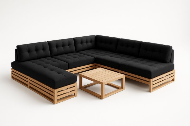 Divano Angolare Modulabile in Legno con Cuscini Neri