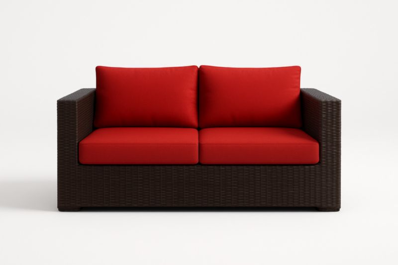 Divano Due Posti Rattan Sintetico Marrone con Cuscini Rossi