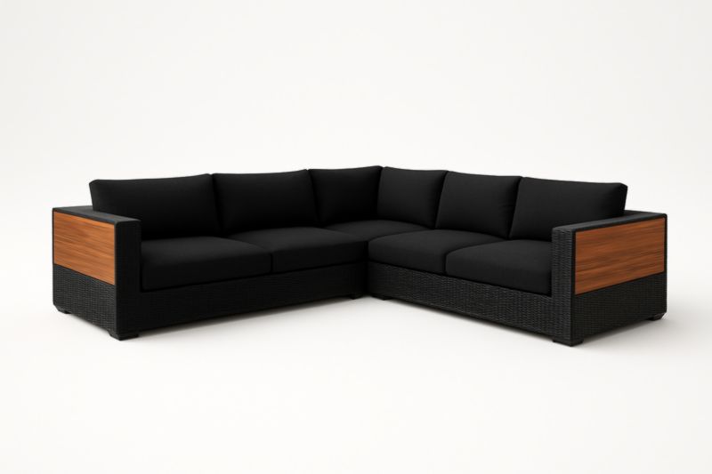 Divano angolare in tessuto nero e legno