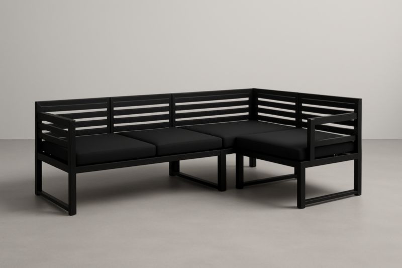 Divano ad Angolo in Legno e Cuscini Neri