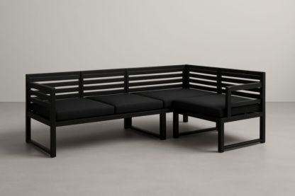 Divano ad Angolo in Legno e Cuscini Neri