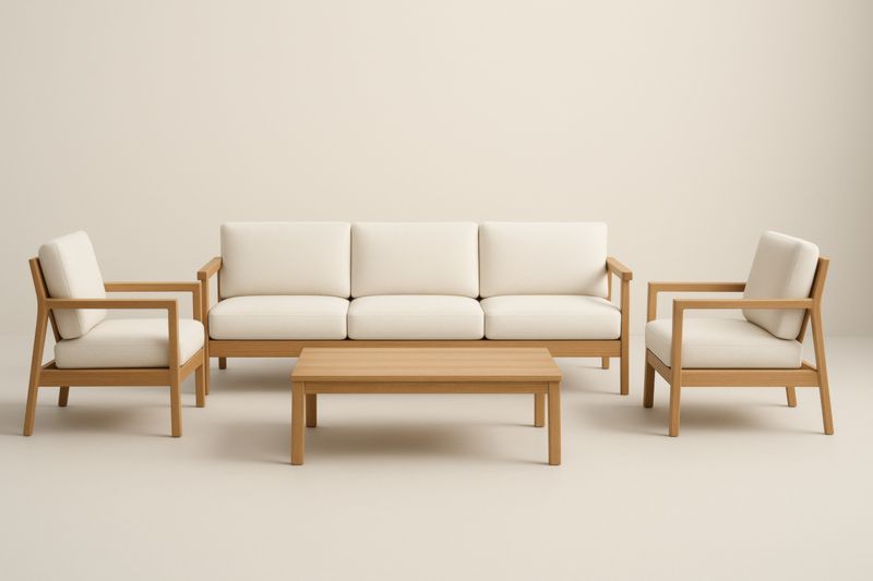 Set divano 3 posti con poltrone e tavolino in legno di quercia e tessuto Beige