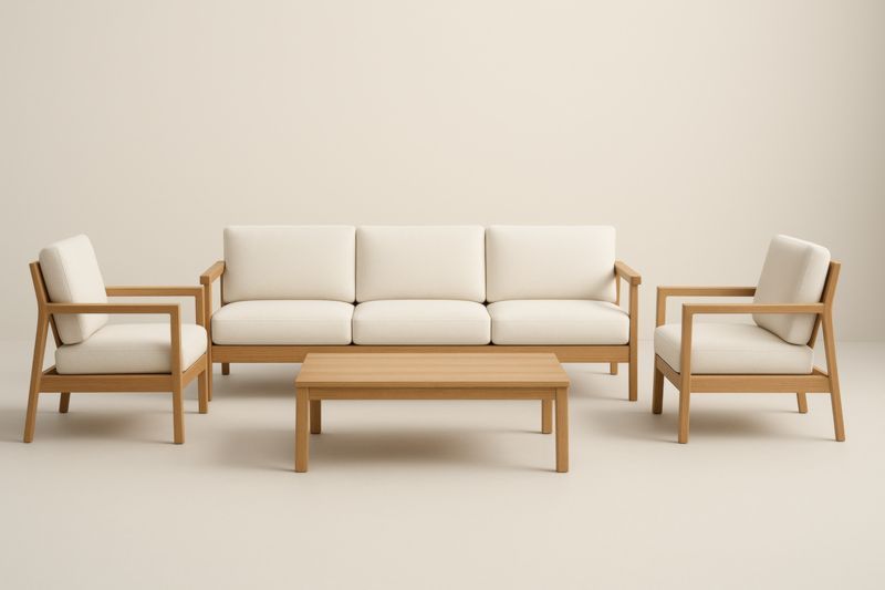 Set divano 3 posti con poltrone e tavolino in legno di quercia e tessuto Beige