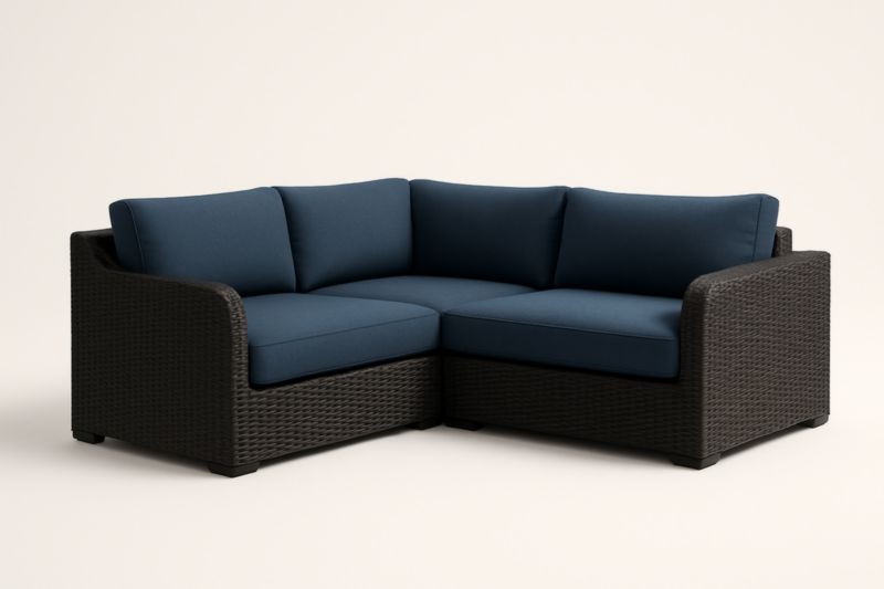 Divano angolare in polyrattan con cuscini blu