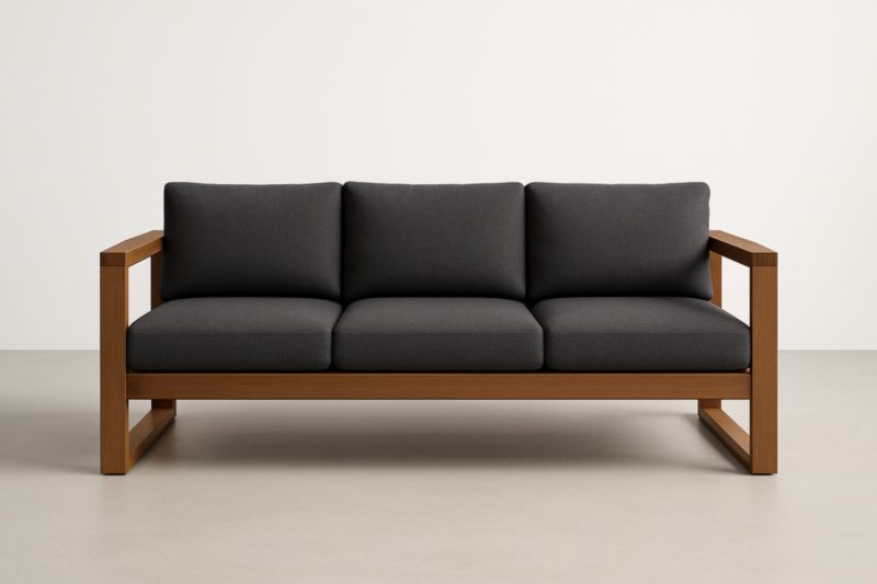 Divano tre posti in legno con cuscini grigi