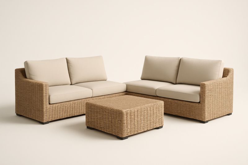 Set Divano in Rattan Sintetico con Cuscini in Poliestere Beige