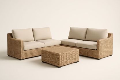 Set Divano in Rattan Sintetico con Cuscini in Poliestere Beige