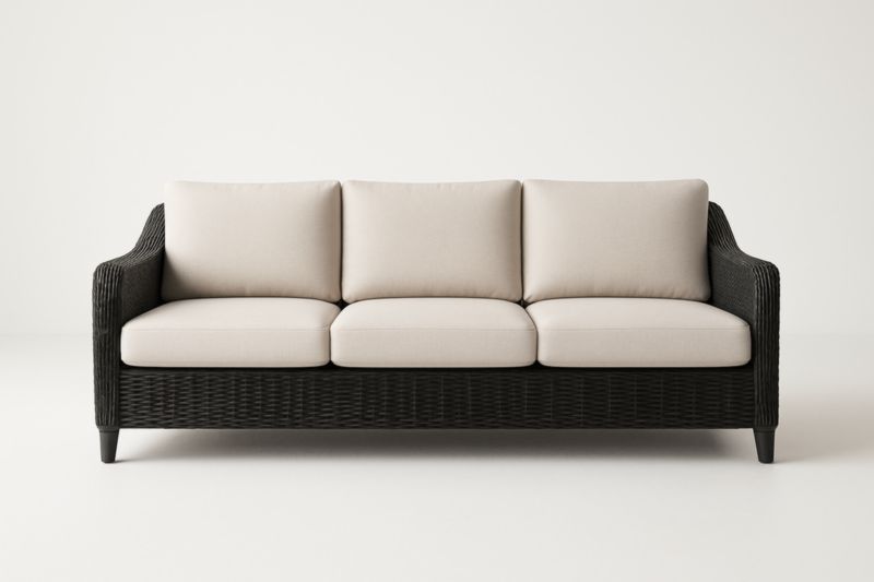 Divano a 3 Posti in Rattan Sintetico Nero con Cuscini in Poliestere Beige