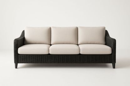 Divano a 3 Posti in Rattan Sintetico Nero con Cuscini in Poliestere Beige