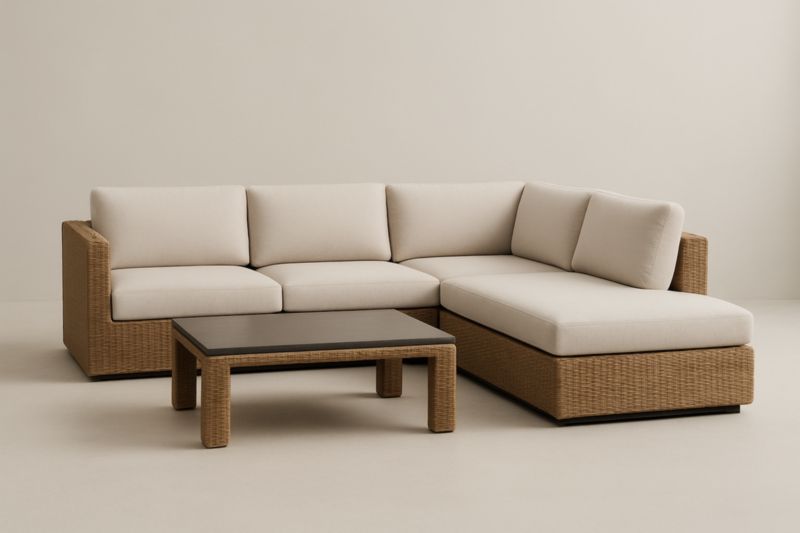 Divano angolare in rattan sintetico con tessuto beige e tavolino