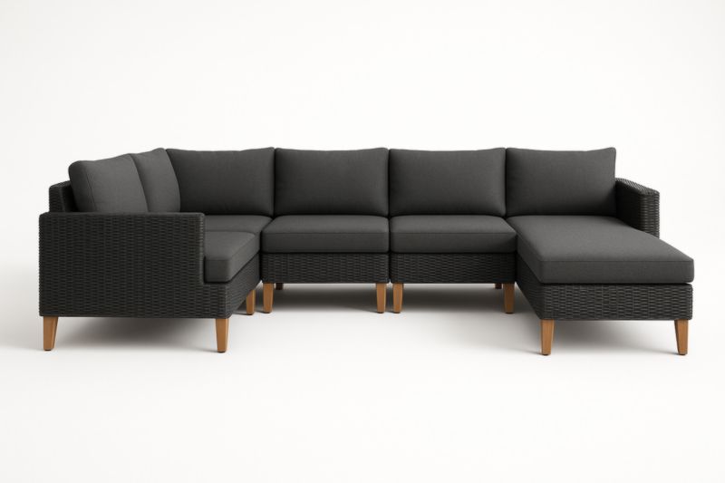 Divano Angolare Modulare Rattan Sintetico Nero con Cuscini in Poliestere Grigio Scuro