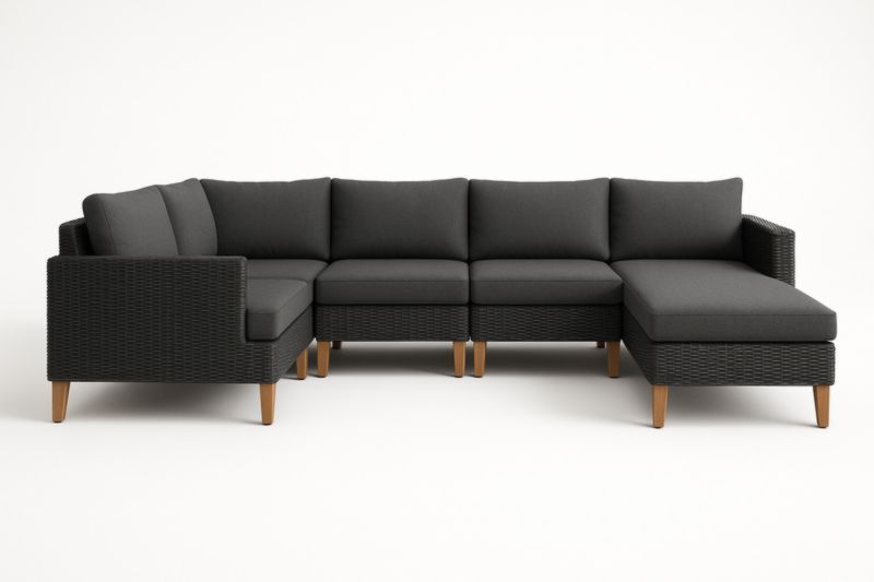 Divano Angolare Modulare Rattan Sintetico Nero con Cuscini in Poliestere Grigio Scuro