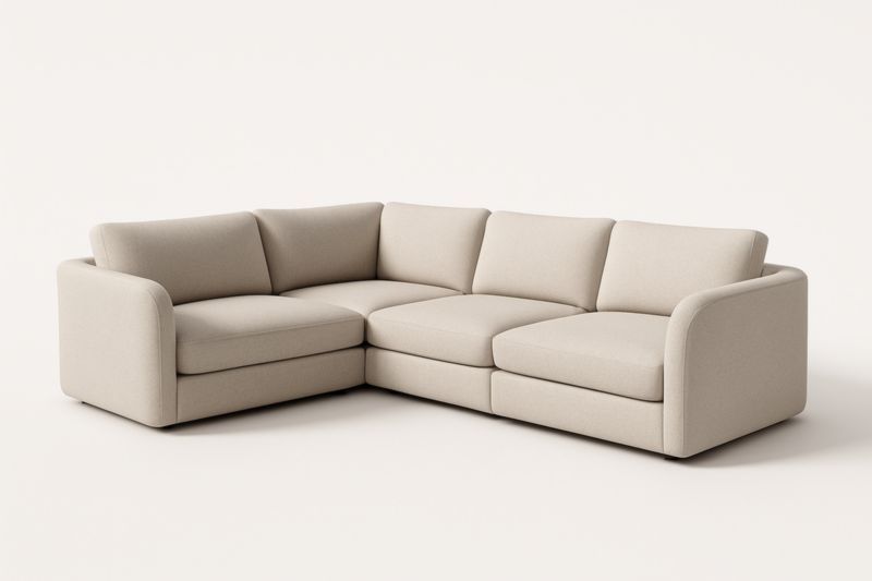 Divano Angolare Sezionale in Tessuto Beige con Struttura in Legno