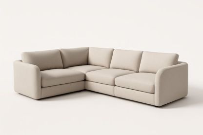 Divano Angolare Sezionale in Tessuto Beige con Struttura in Legno