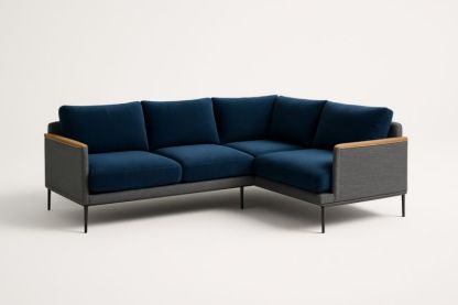 Divano angolare in tessuto blu e grigio con struttura in legno e metallo