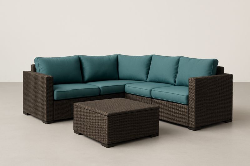 Set Divano Angolare da Esterno in Rattan Marrone con Cuscini Turchesi