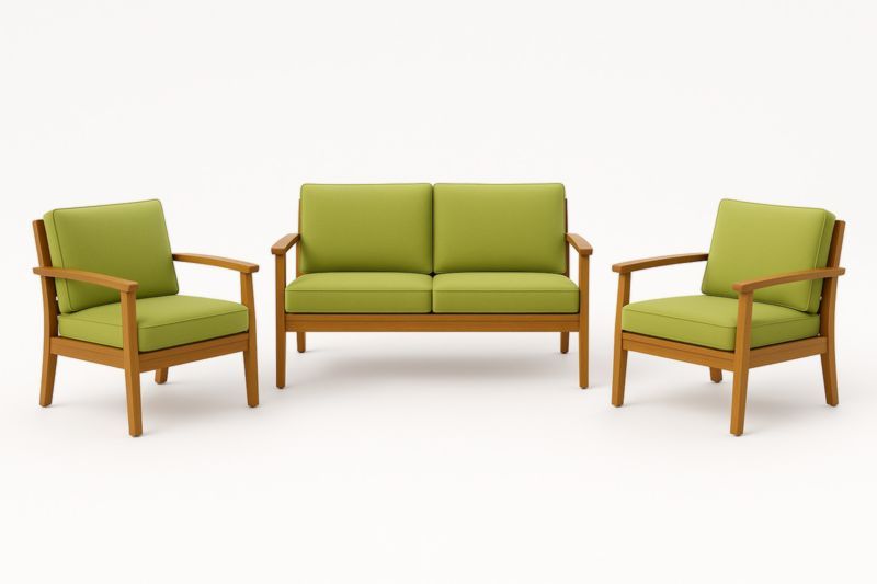 Set divano 3 pezzi in legno con cuscini verdi