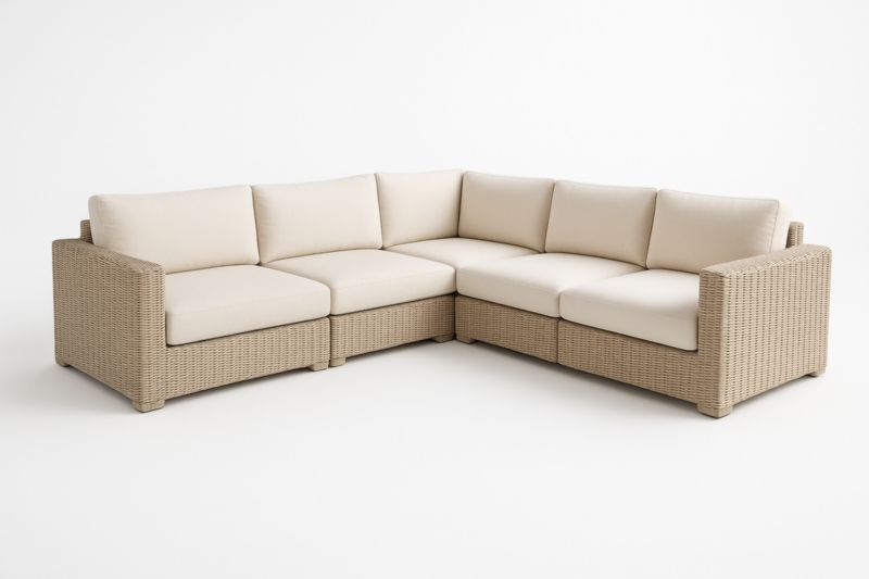 Divano angolare modulare in rattan sintetico beige con cuscini in poliestere